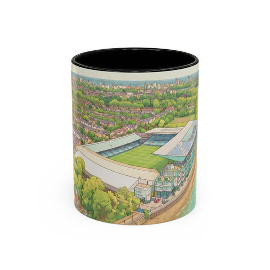 Fulham Aerial Accent Coffee Mug — Scenic Riverside stadium Art (11oz)