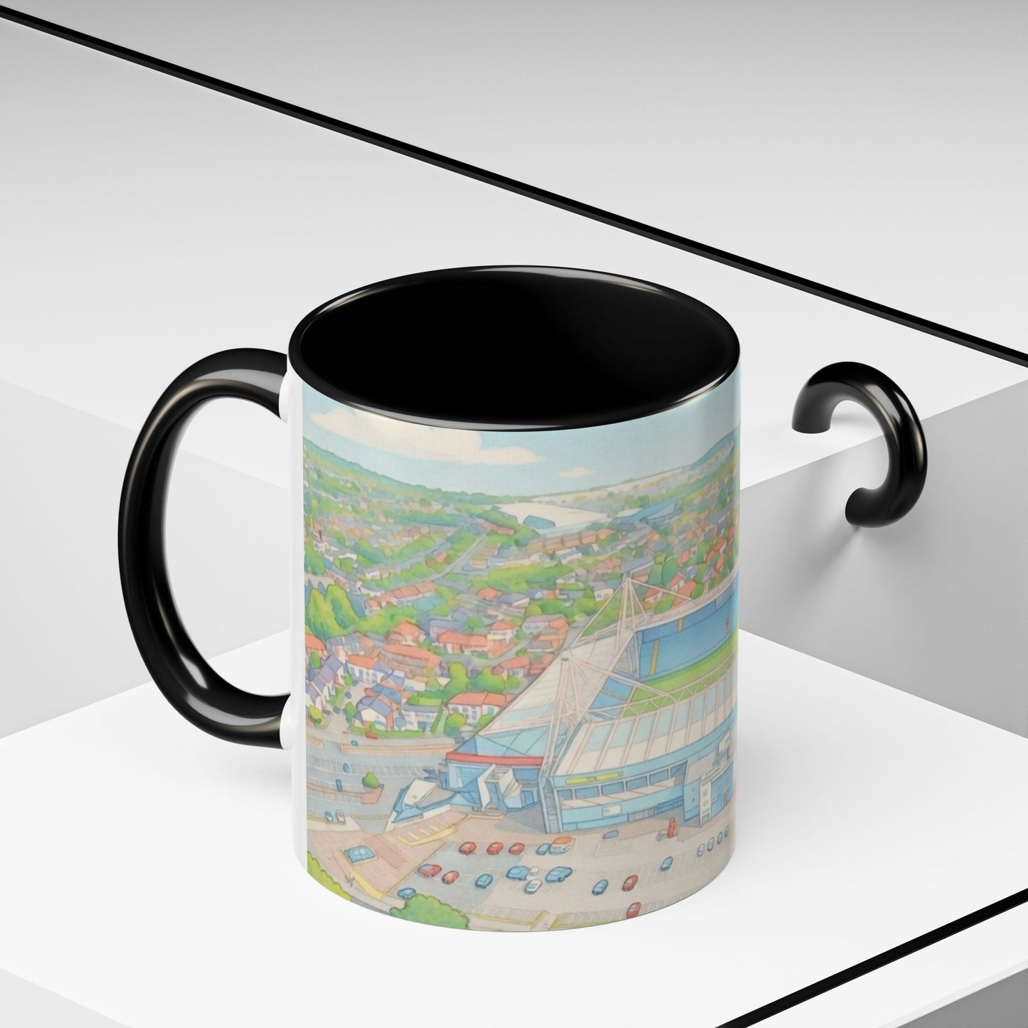 Deepdale Stadium Panorama Accent Coffee Mug — Scenic Football Ground Illustration (11oz)