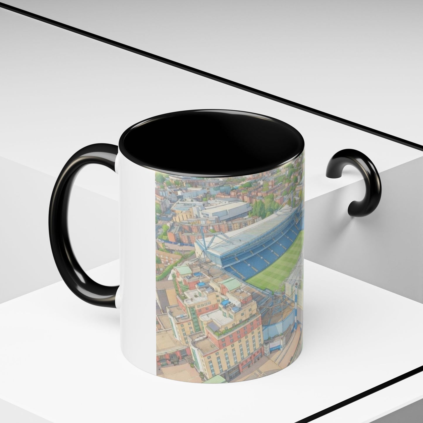 Stamford Bridge Aerial Accent Coffee Mug — Illustrated Soccer Stadium Scene (11oz)