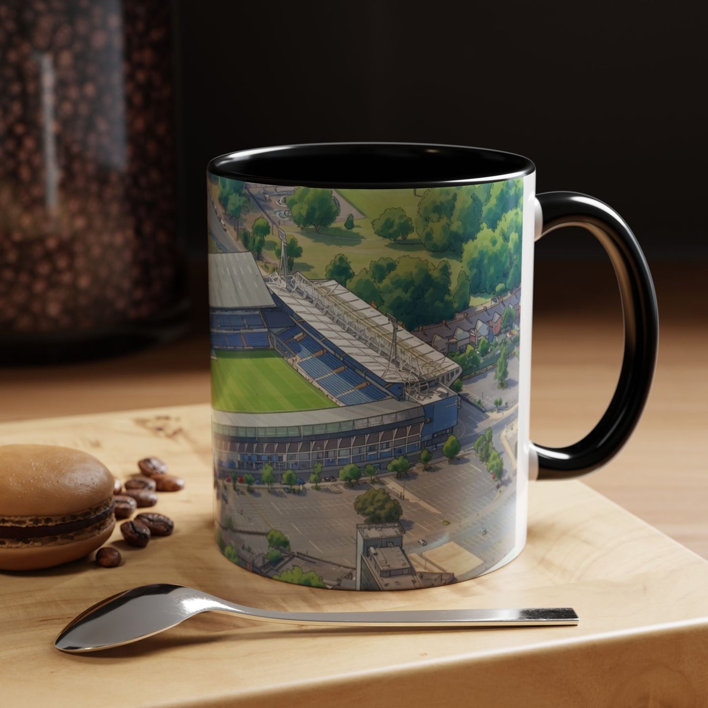 Portman Road Stadium Aerial Accent Coffee Mug — Scenic Soccer/Football Pitch Design (11oz)
