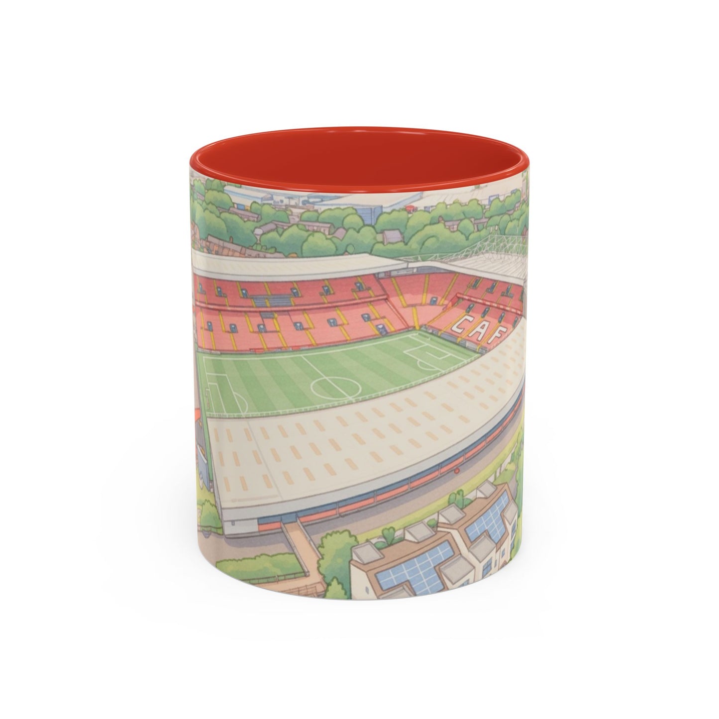 The Valley Stadium Aerial Accent Coffee Mug — Illustrated Soccer Ground Gift (11oz)