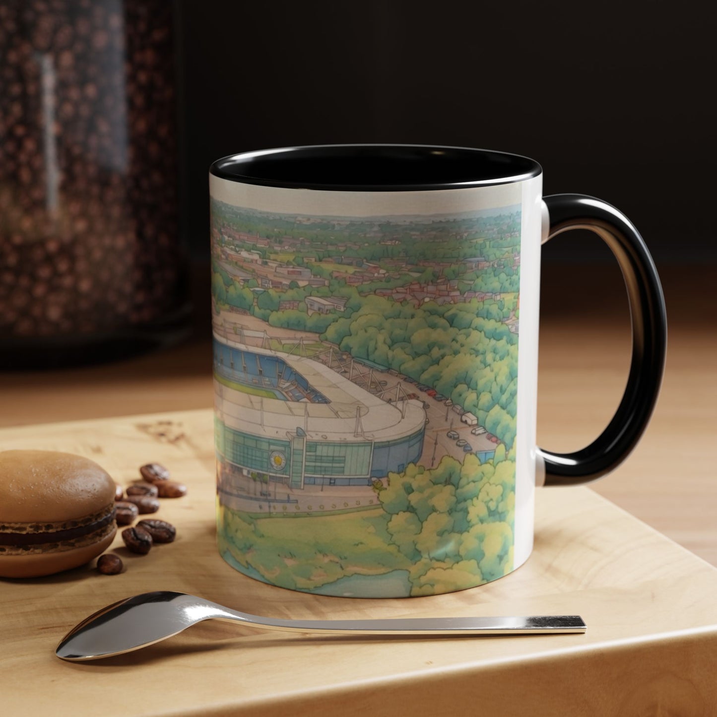 Leicester Stadium Aerial Art Coffee Mug — Illustrated Football Ground Landscape (11oz)