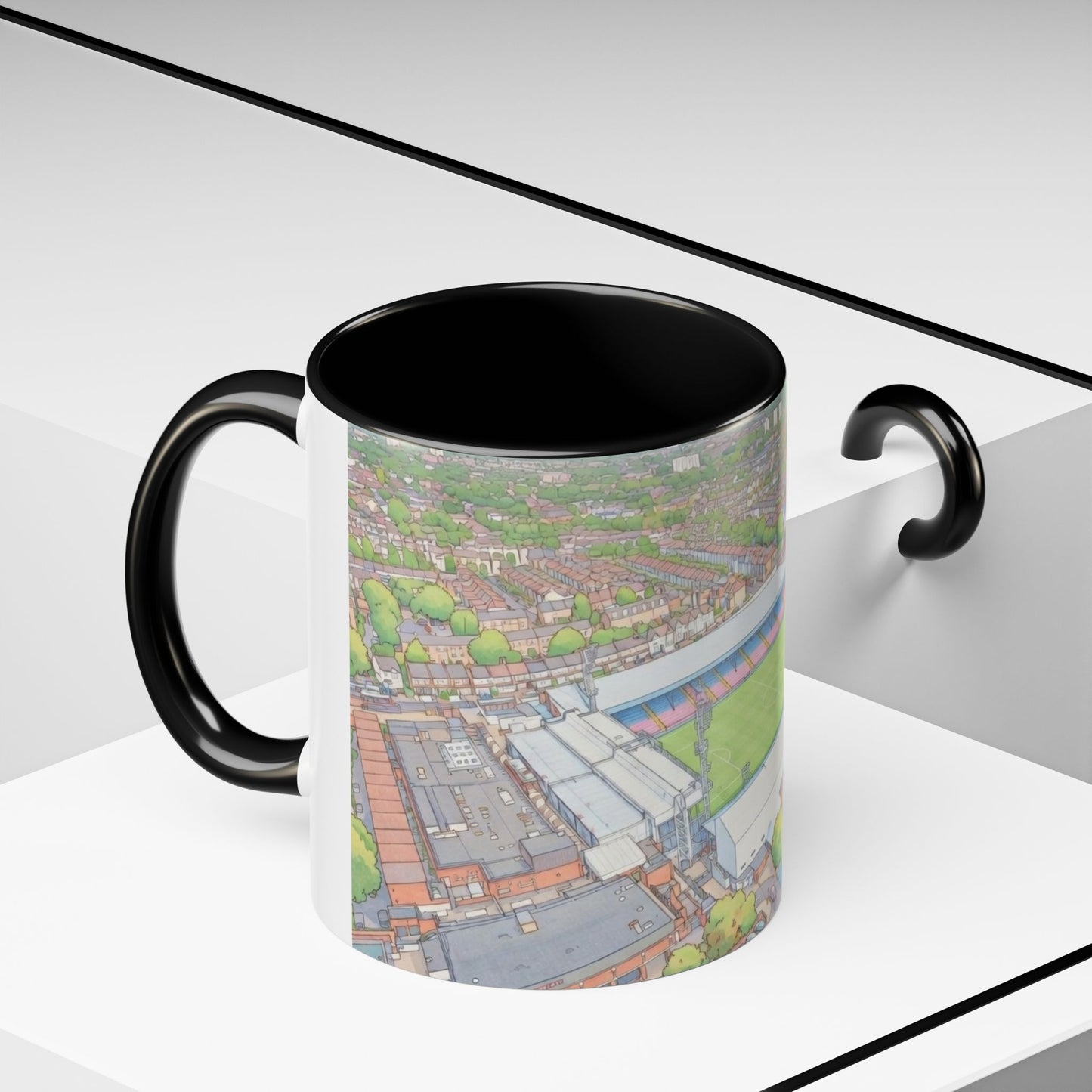 Palace Stadium Aerial Accent Coffee Mug — Illustrated Football Ground Scene (11oz)