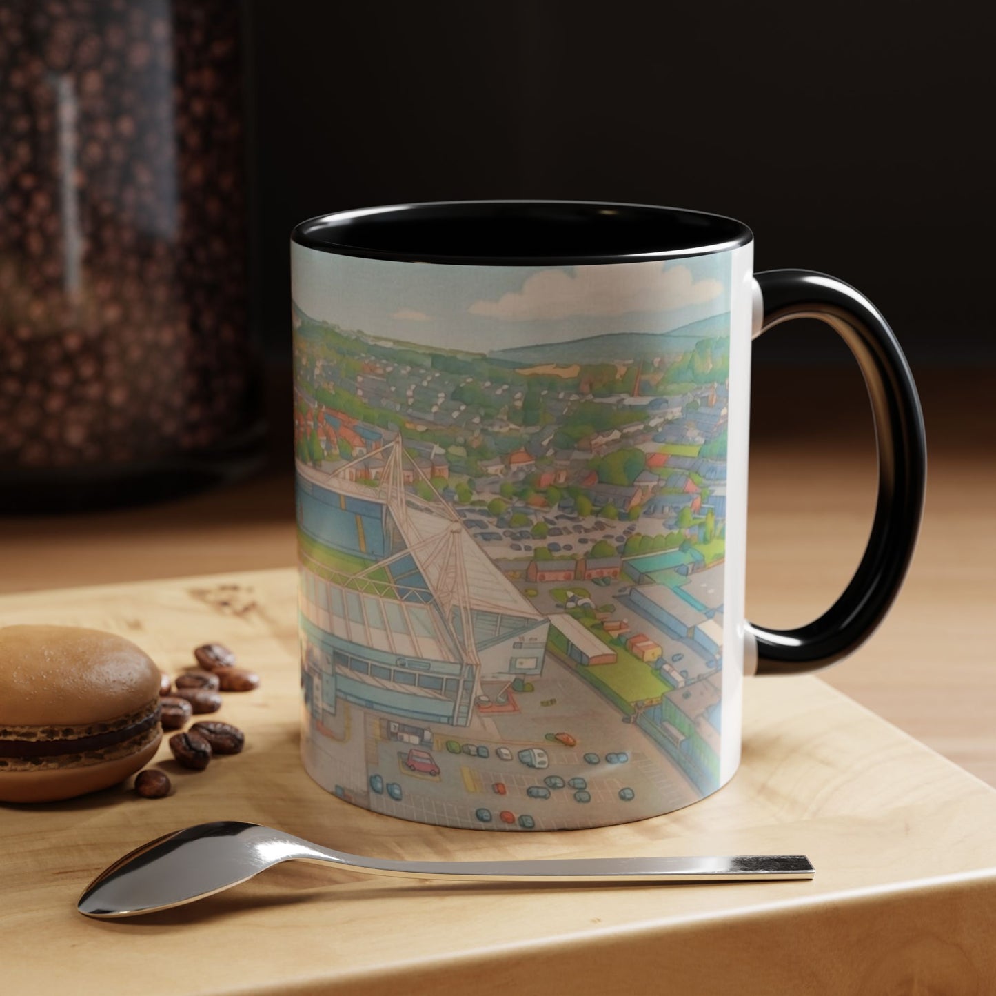 Deepdale Stadium Panorama Accent Coffee Mug — Scenic Football Ground Illustration (11oz)