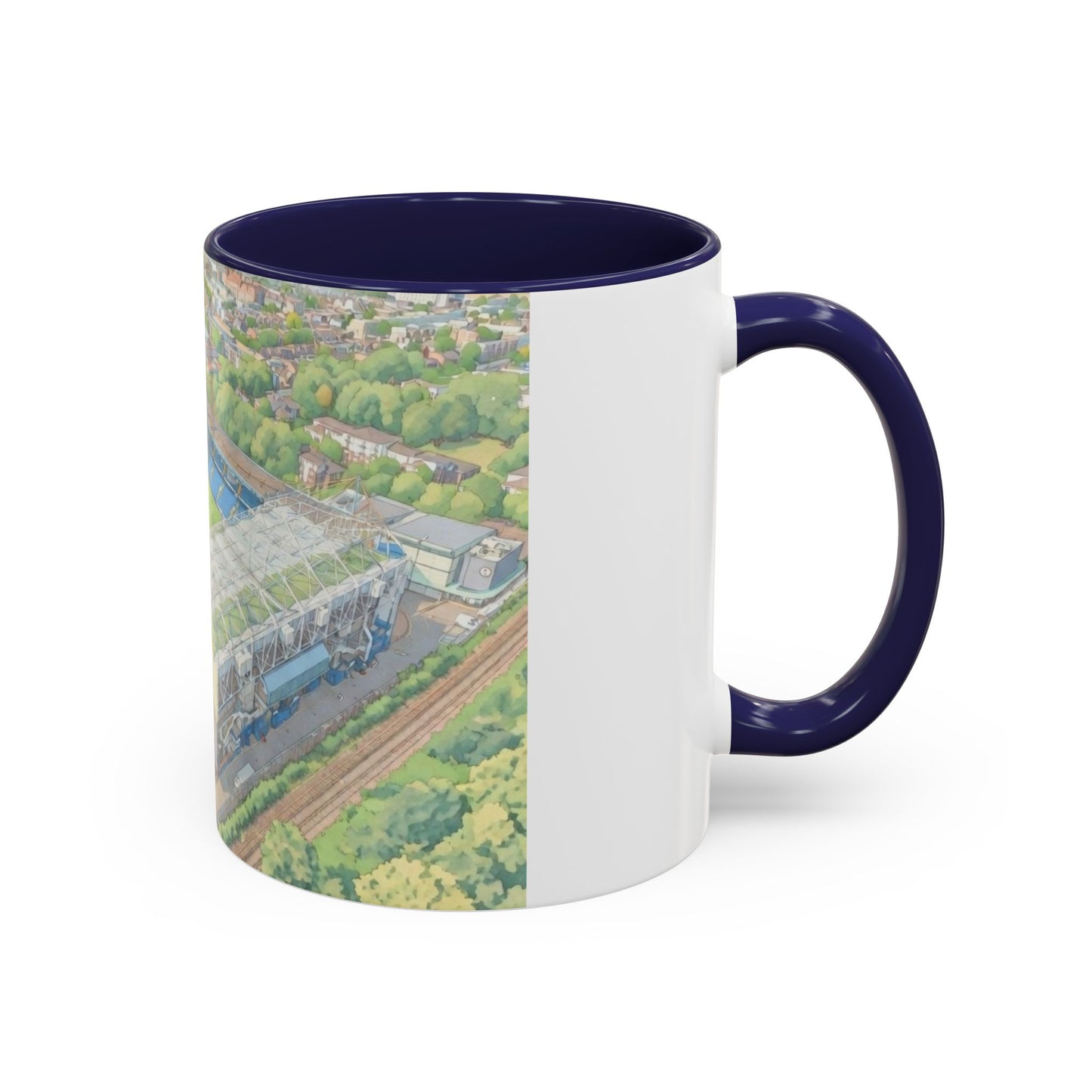 Stamford Bridge Aerial Accent Coffee Mug — Illustrated Soccer Stadium Scene (11oz)