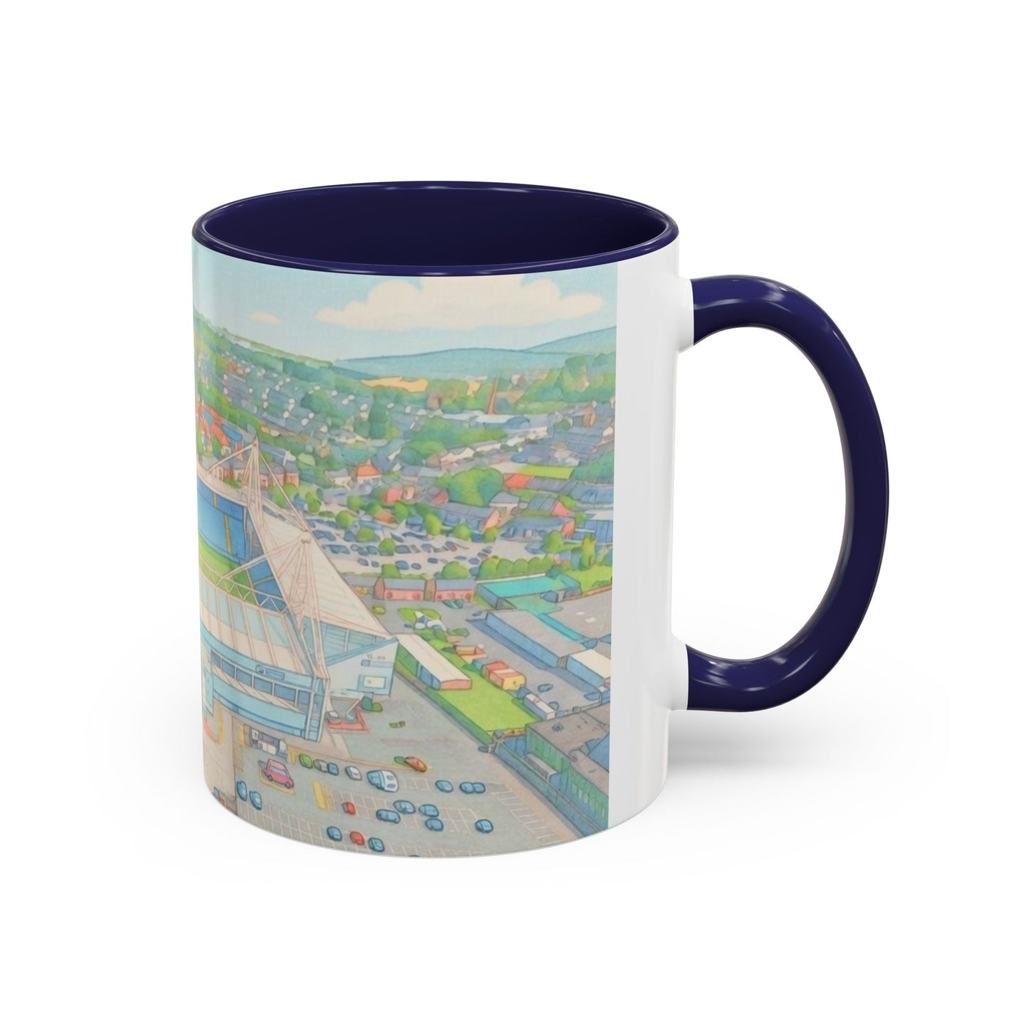 Deepdale Stadium Panorama Accent Coffee Mug — Scenic Football Ground Illustration (11oz)