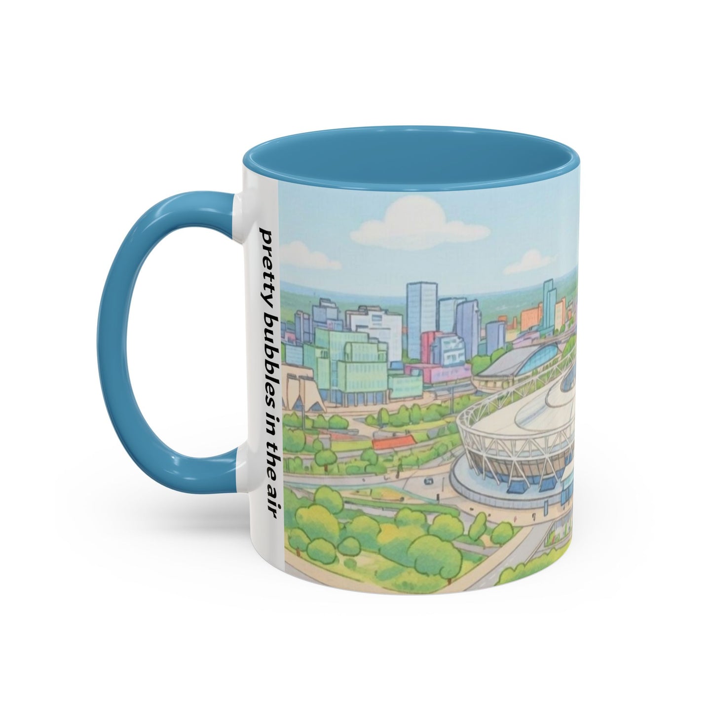 Coffee Mug — Illustrated Stadium Cityscape with "I'm forever blowing bubbles"