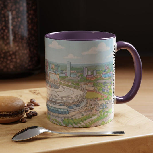 Coffee Mug — Illustrated Stadium Cityscape with "I'm forever blowing bubbles"