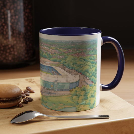 Leicester Stadium Aerial Art Coffee Mug — Illustrated Football Ground Landscape (11oz)