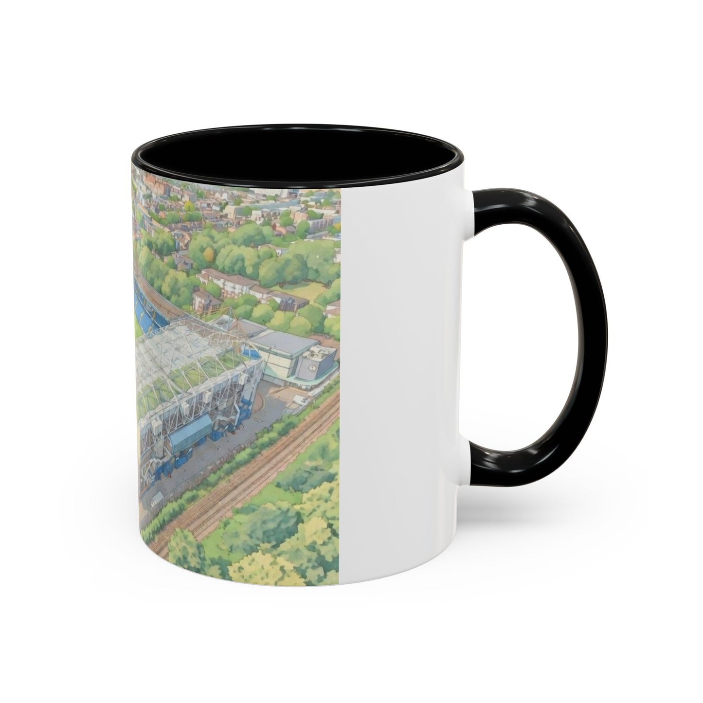 Stamford Bridge Aerial Accent Coffee Mug — Illustrated Soccer Stadium Scene (11oz)