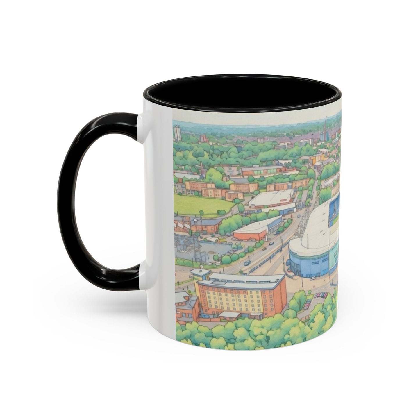 Leicester Stadium Aerial Art Coffee Mug — Illustrated Football Ground Landscape (11oz)