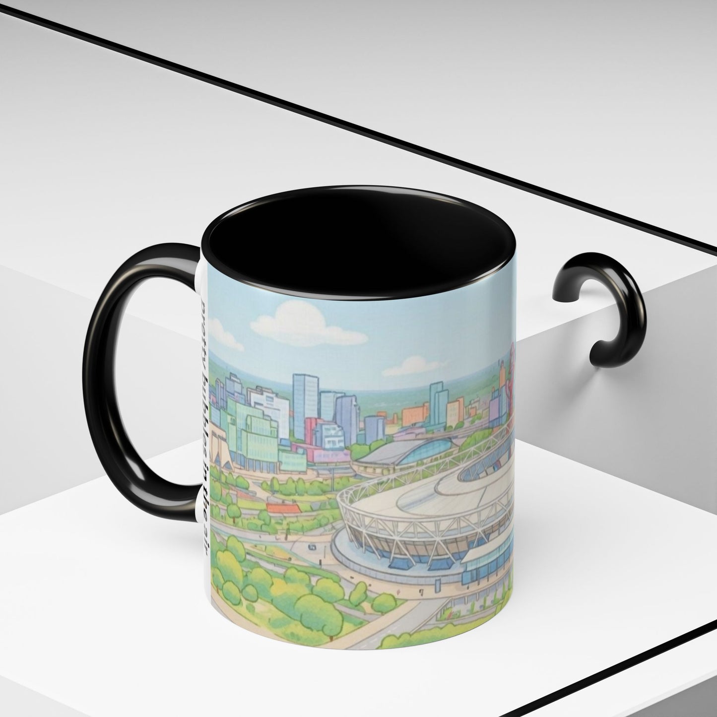 Coffee Mug — Illustrated Stadium Cityscape with "I'm forever blowing bubbles"