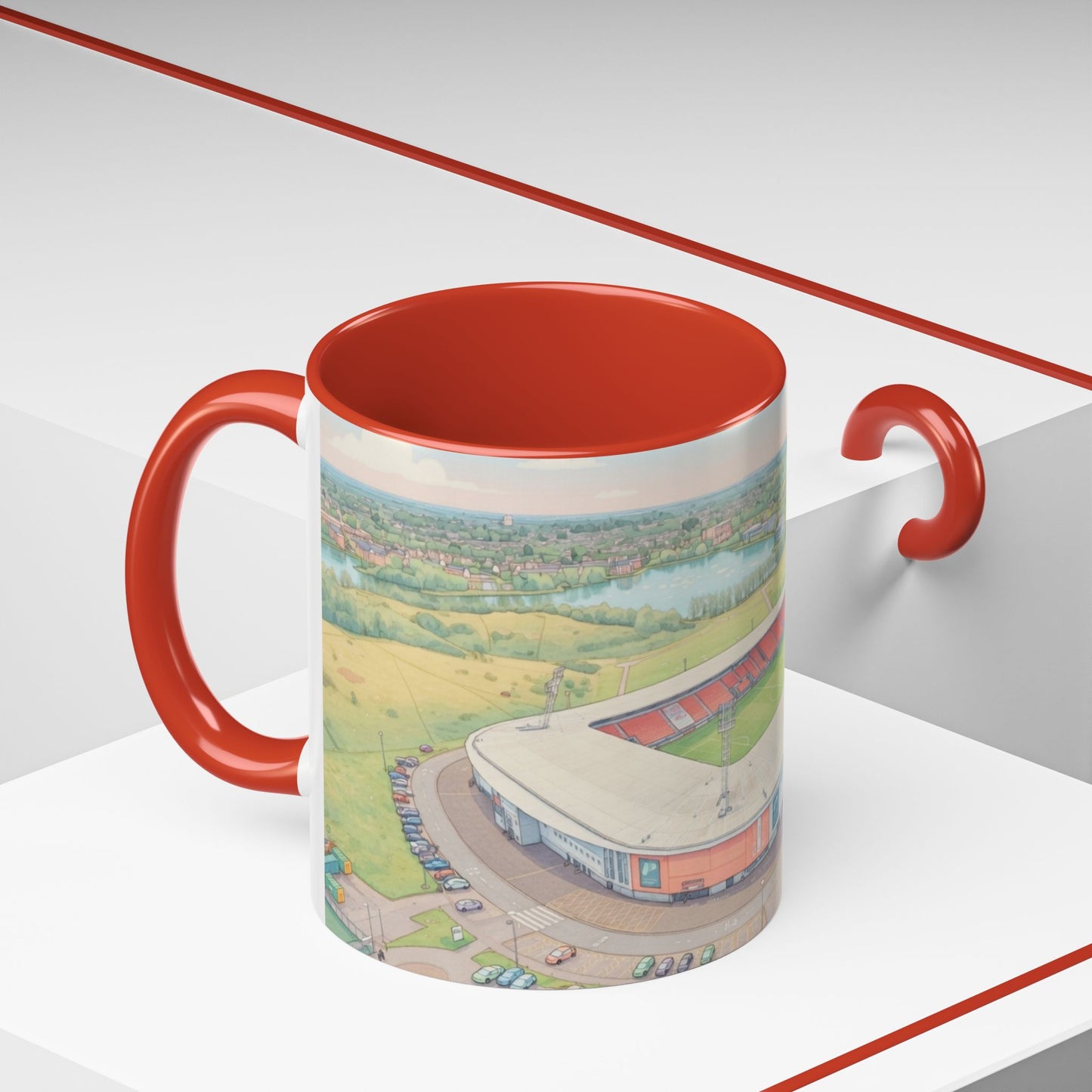 Doncaster Stadium Panorama Accent Coffee Mug – Scenic Football Ground Illustration (11oz)