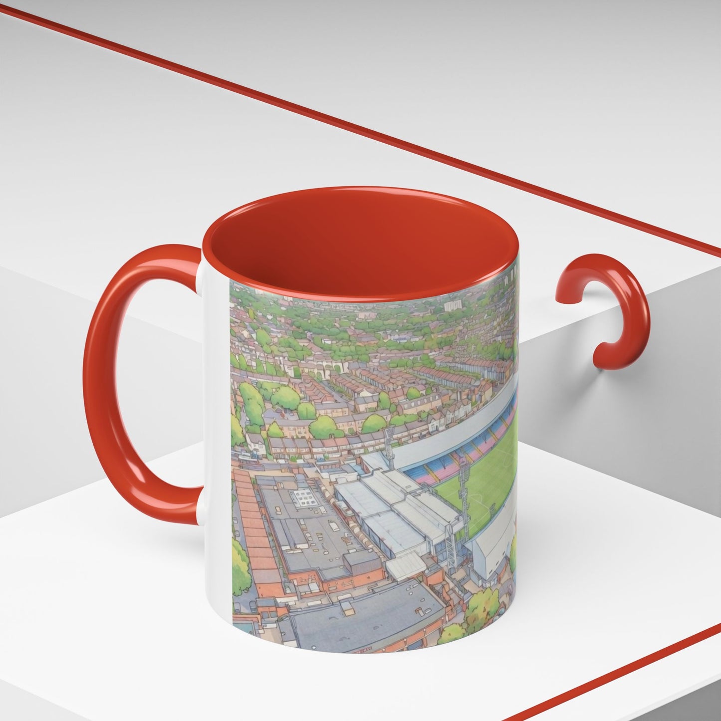Palace Stadium Aerial Accent Coffee Mug — Illustrated Football Ground Scene (11oz)