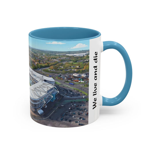 Sky Blues Accent Coffee Mug — 'We live and die in these towns' Football Fan Gift (11/15oz)