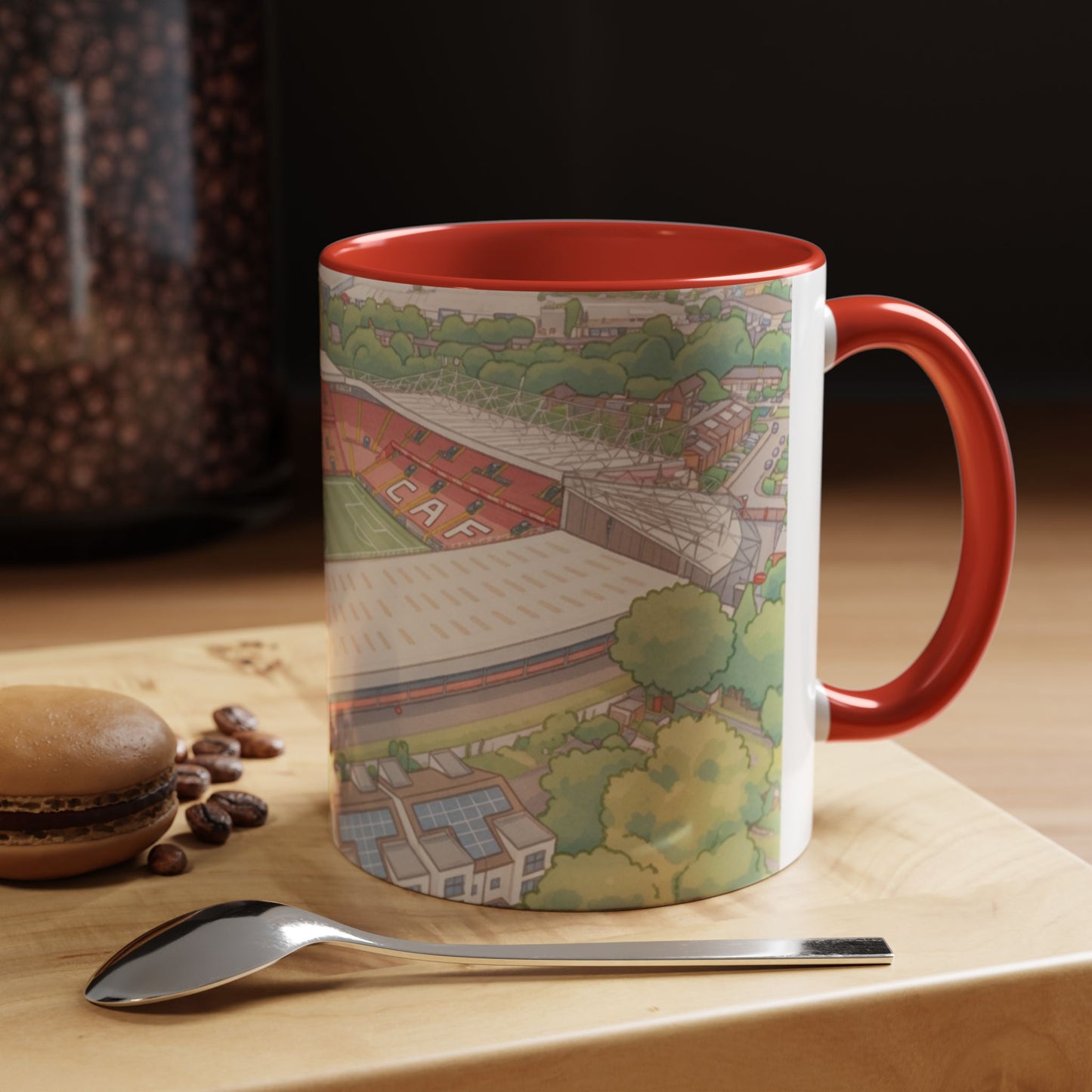 The Valley Stadium Aerial Accent Coffee Mug — Illustrated Soccer Ground Gift (11oz)