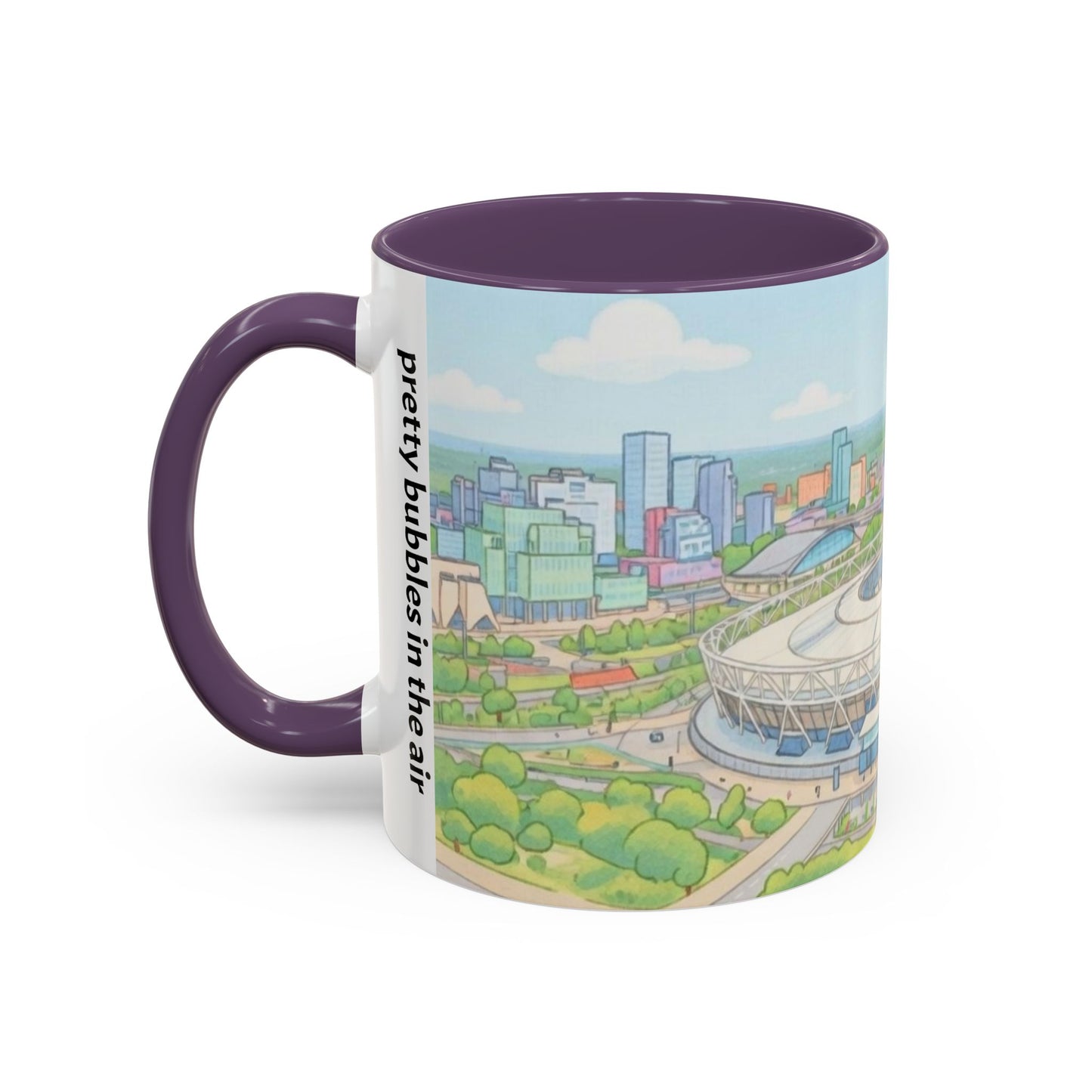 Coffee Mug — Illustrated Stadium Cityscape with "I'm forever blowing bubbles"
