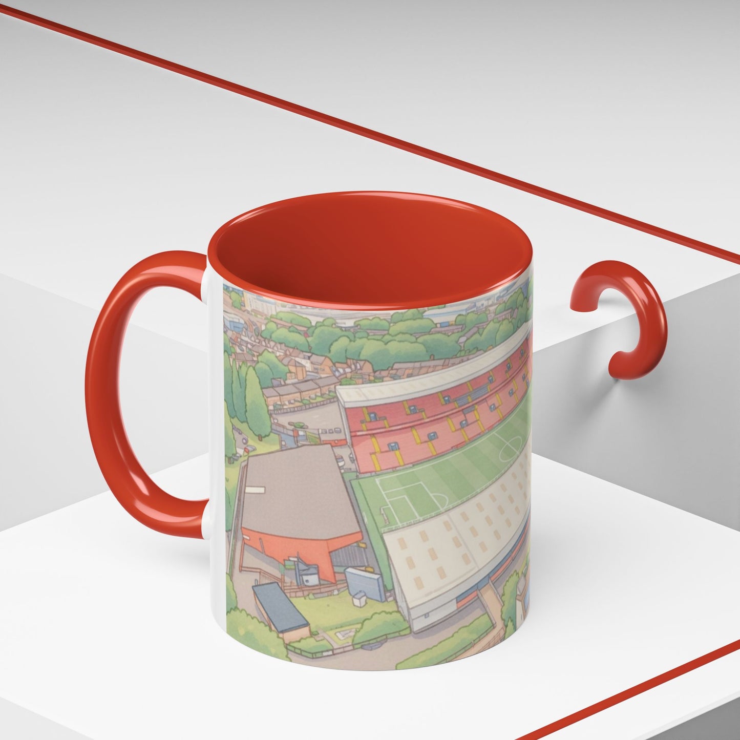 The Valley Stadium Aerial Accent Coffee Mug — Illustrated Soccer Ground Gift (11oz)