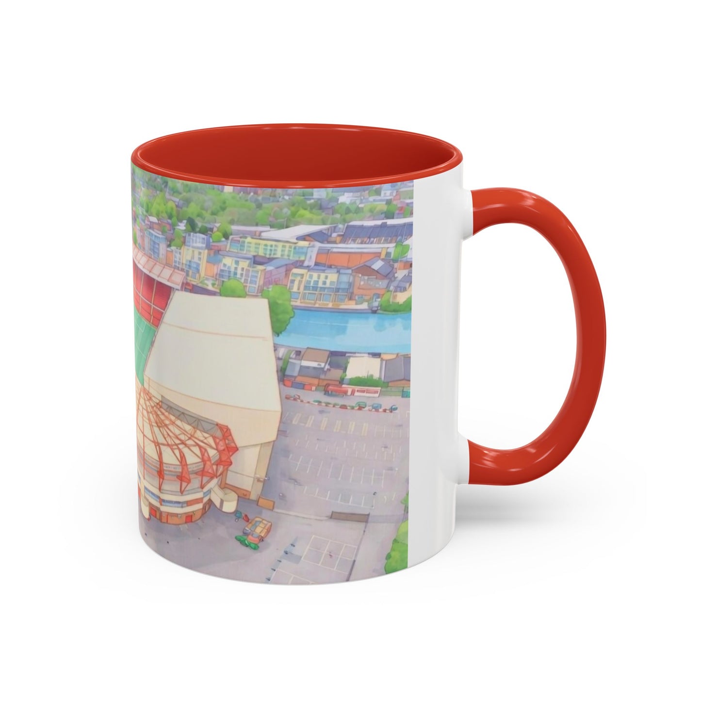 Forest Aerial Accent Coffee Mug — Illustrated Football Arena Scene (11oz)