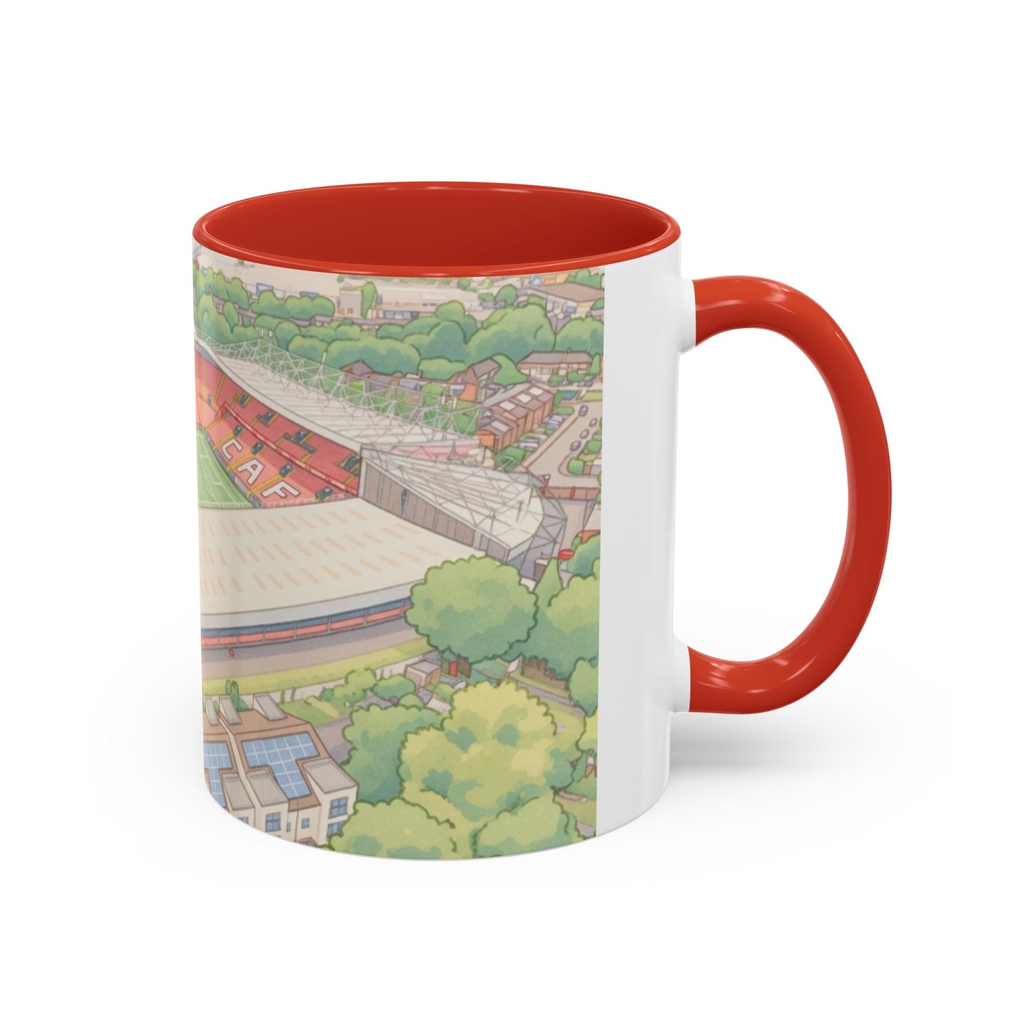 The Valley Stadium Aerial Accent Coffee Mug — Illustrated Soccer Ground Gift (11oz)