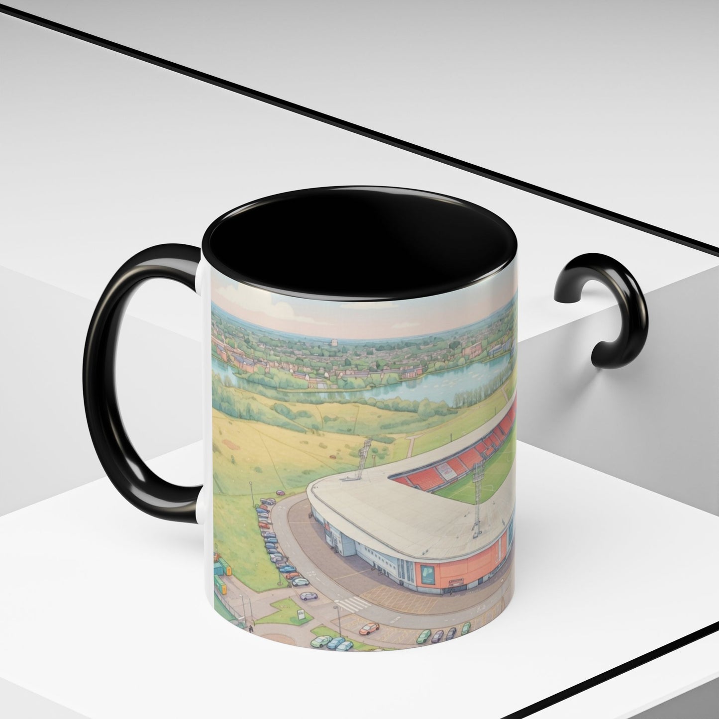 Doncaster Stadium Panorama Accent Coffee Mug – Scenic Football Ground Illustration (11oz)