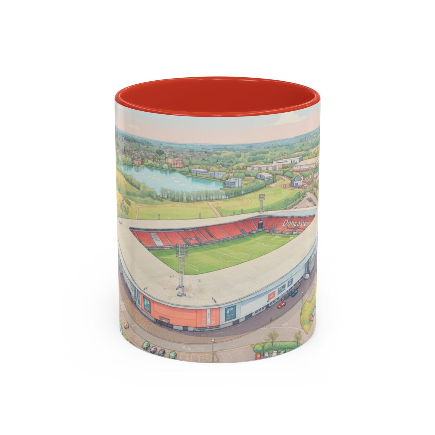 Doncaster Stadium Panorama Accent Coffee Mug – Scenic Football Ground Illustration (11oz)
