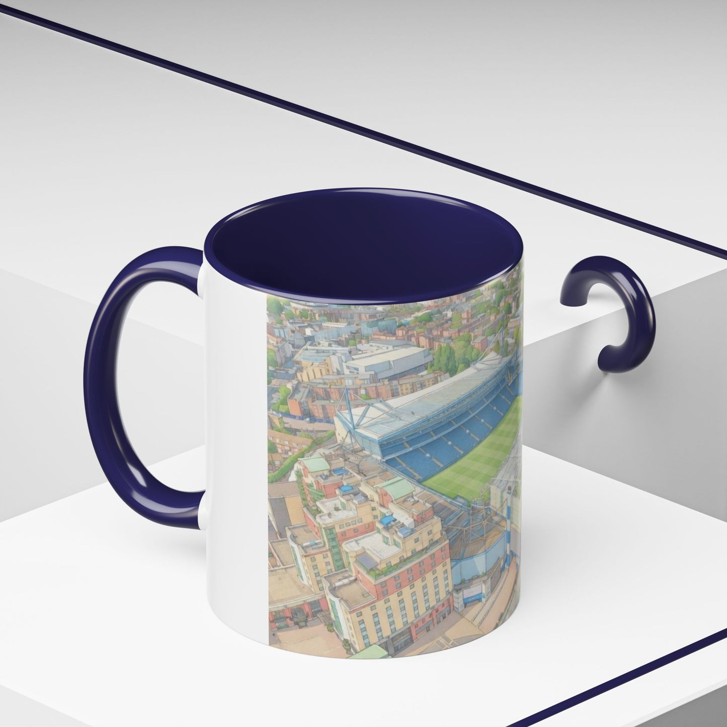 Stamford Bridge Aerial Accent Coffee Mug — Illustrated Soccer Stadium Scene (11oz)