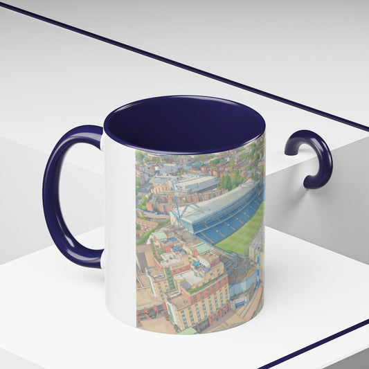 Stamford Bridge Aerial Accent Coffee Mug — Illustrated Soccer Stadium Scene (11oz)