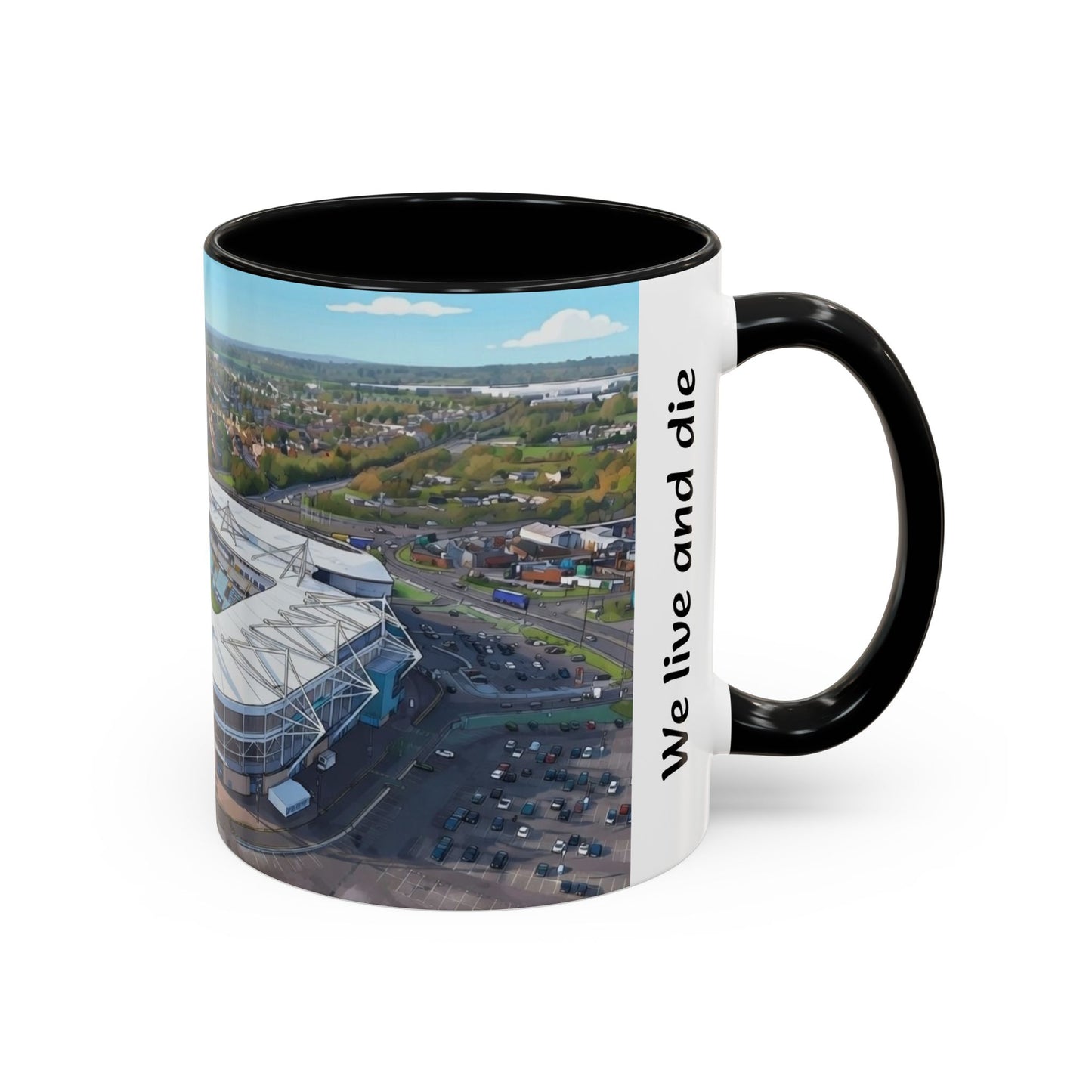Sky Blues Accent Coffee Mug — 'We live and die in these towns' Football Fan Gift (11/15oz)