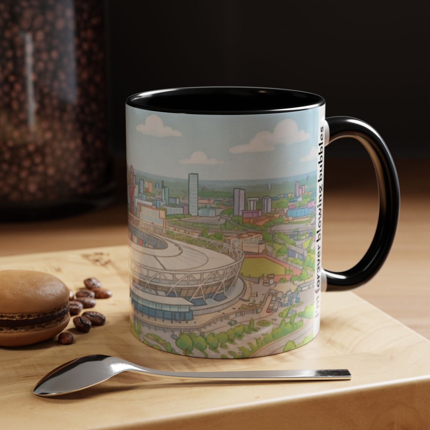 Coffee Mug — Illustrated Stadium Cityscape with "I'm forever blowing bubbles"