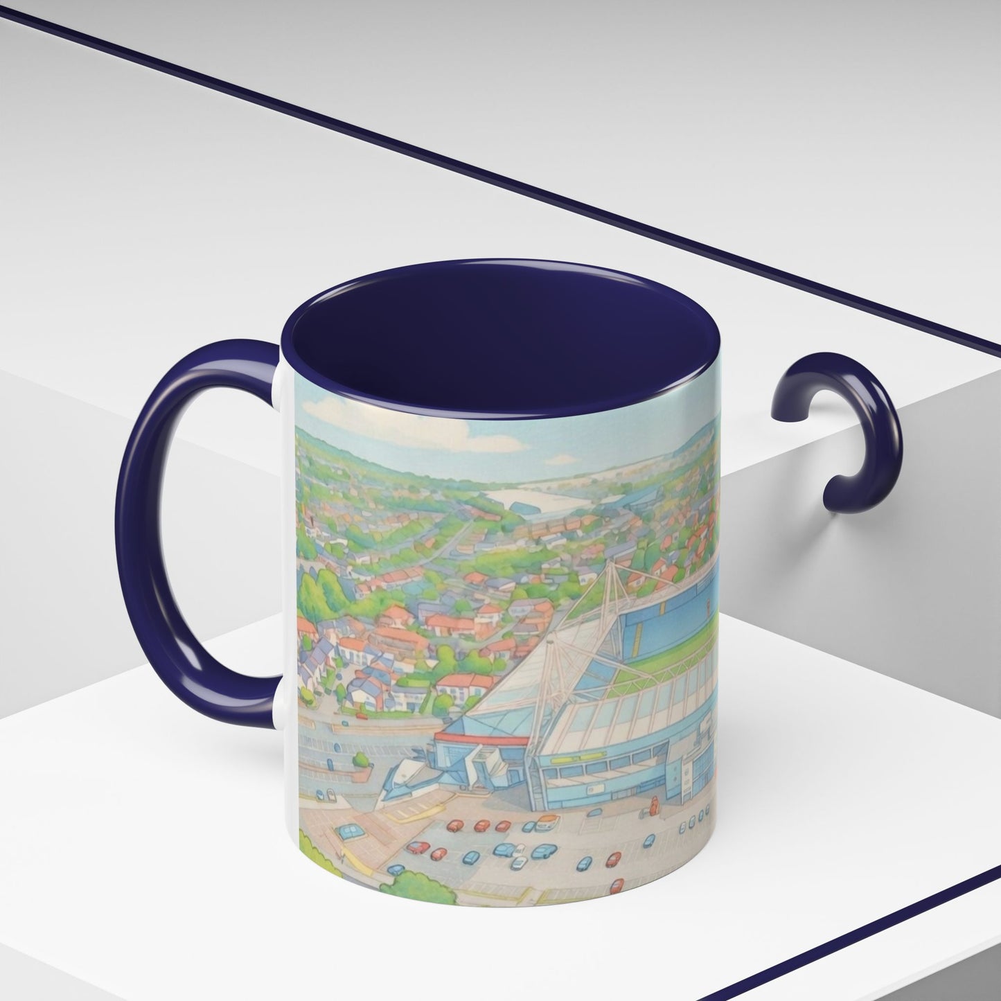 Deepdale Stadium Panorama Accent Coffee Mug — Scenic Football Ground Illustration (11oz)