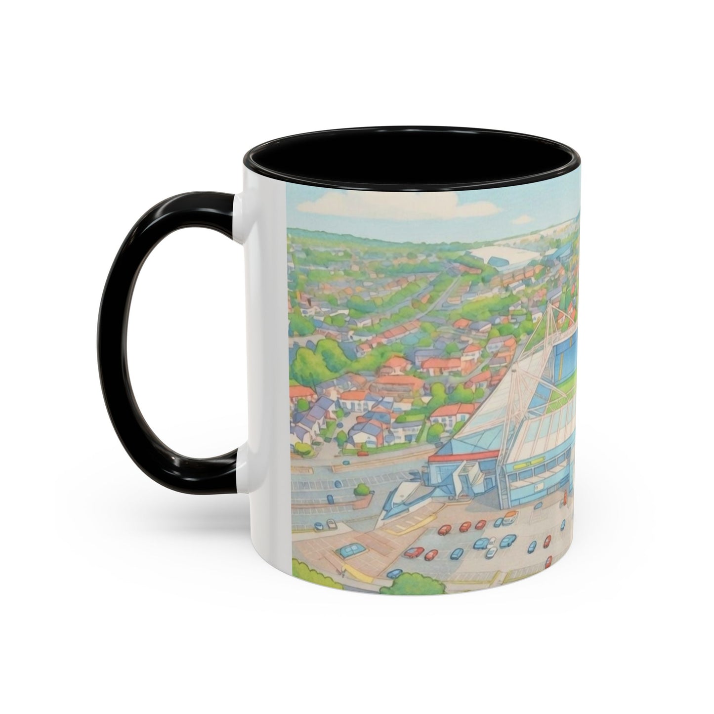 Deepdale Stadium Panorama Accent Coffee Mug — Scenic Football Ground Illustration (11oz)