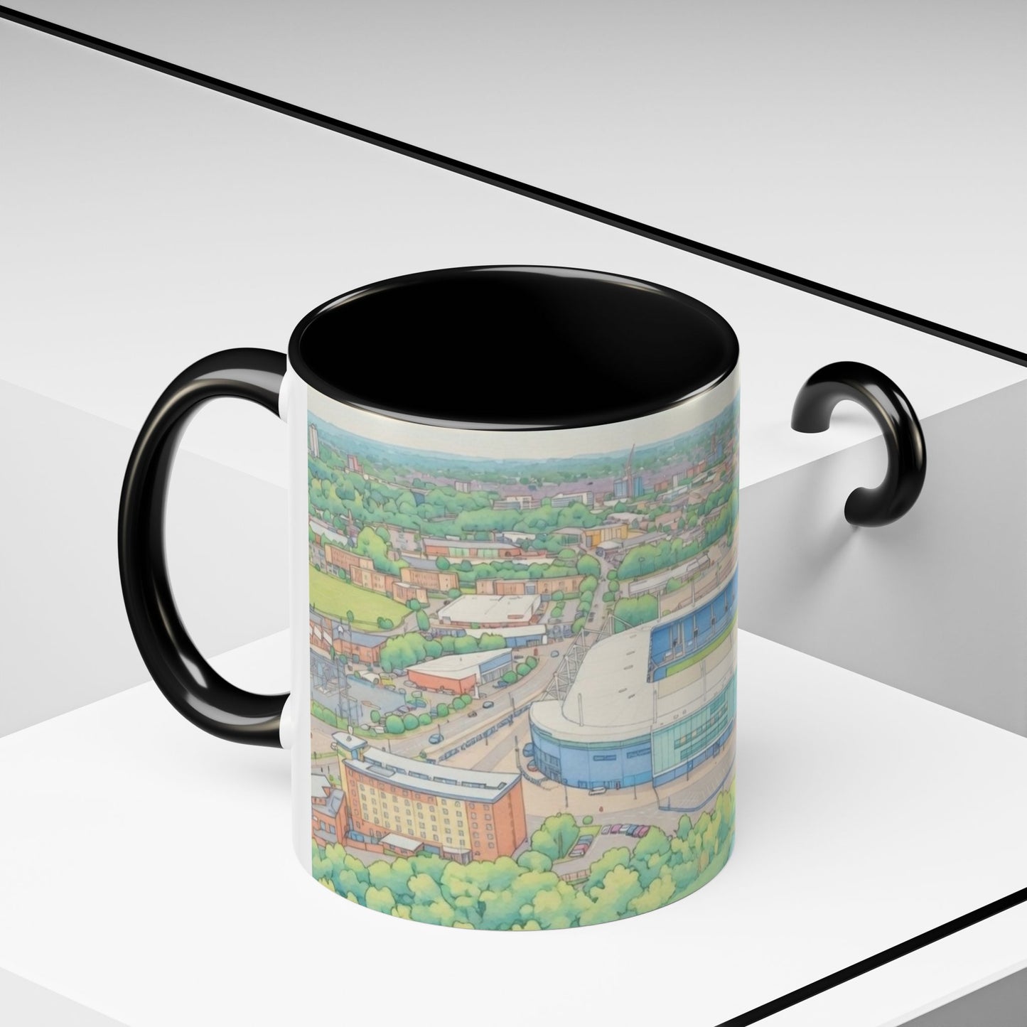 Leicester Stadium Aerial Art Coffee Mug — Illustrated Football Ground Landscape (11oz)