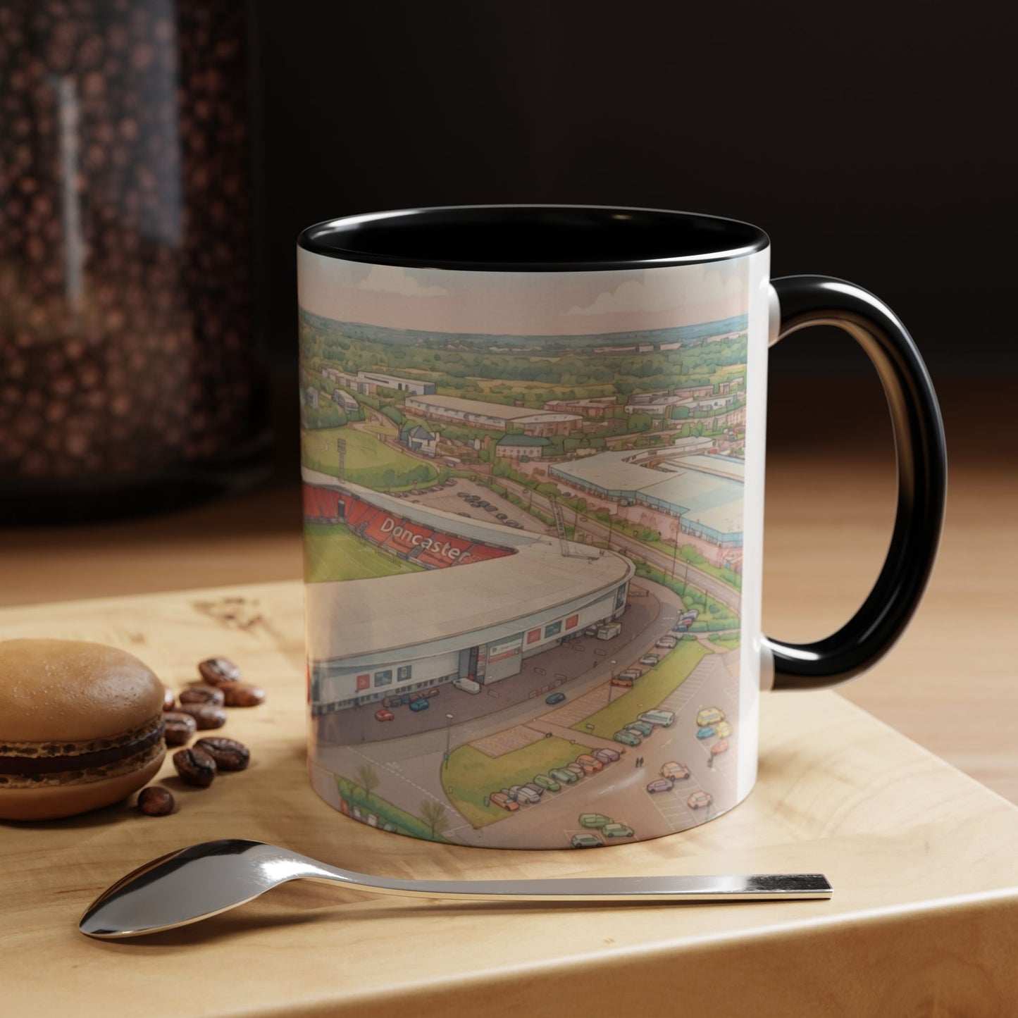 Doncaster Stadium Panorama Accent Coffee Mug – Scenic Football Ground Illustration (11oz)