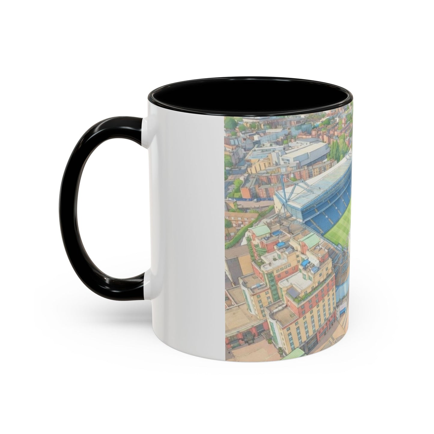 Stamford Bridge Aerial Accent Coffee Mug — Illustrated Soccer Stadium Scene (11oz)