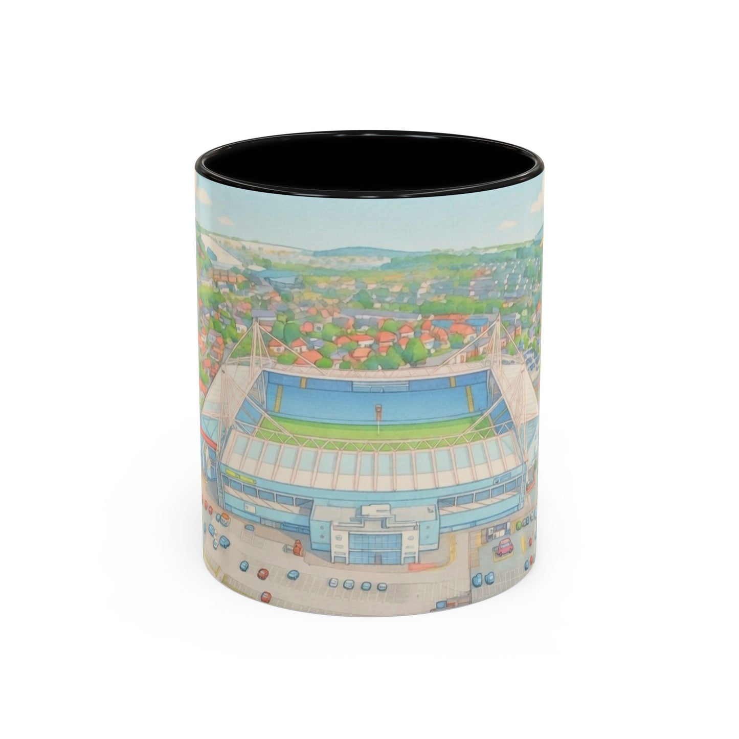 Deepdale Stadium Panorama Accent Coffee Mug — Scenic Football Ground Illustration (11oz)