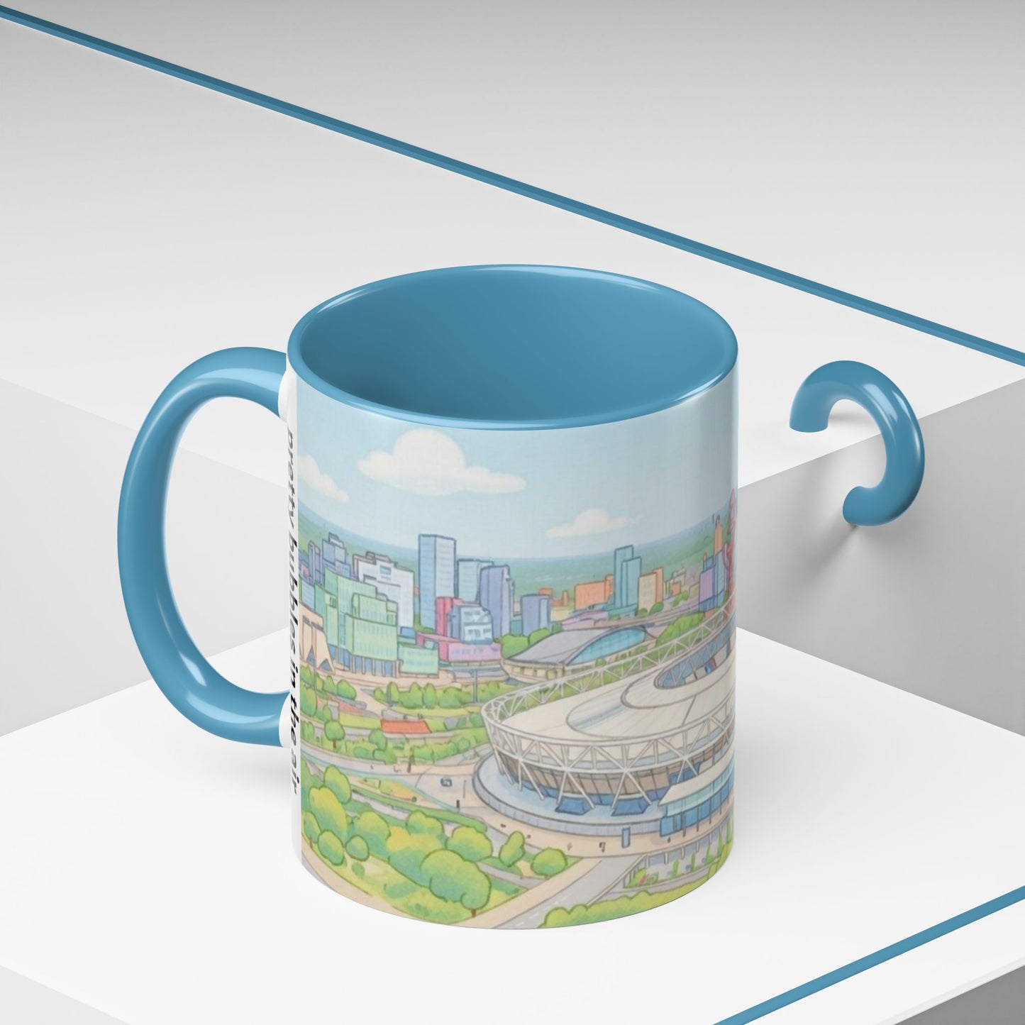 Coffee Mug — Illustrated Stadium Cityscape with "I'm forever blowing bubbles"
