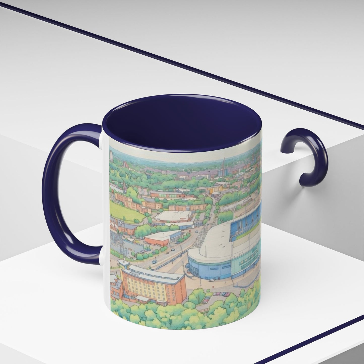 Leicester Stadium Aerial Art Coffee Mug — Illustrated Football Ground Landscape (11oz)