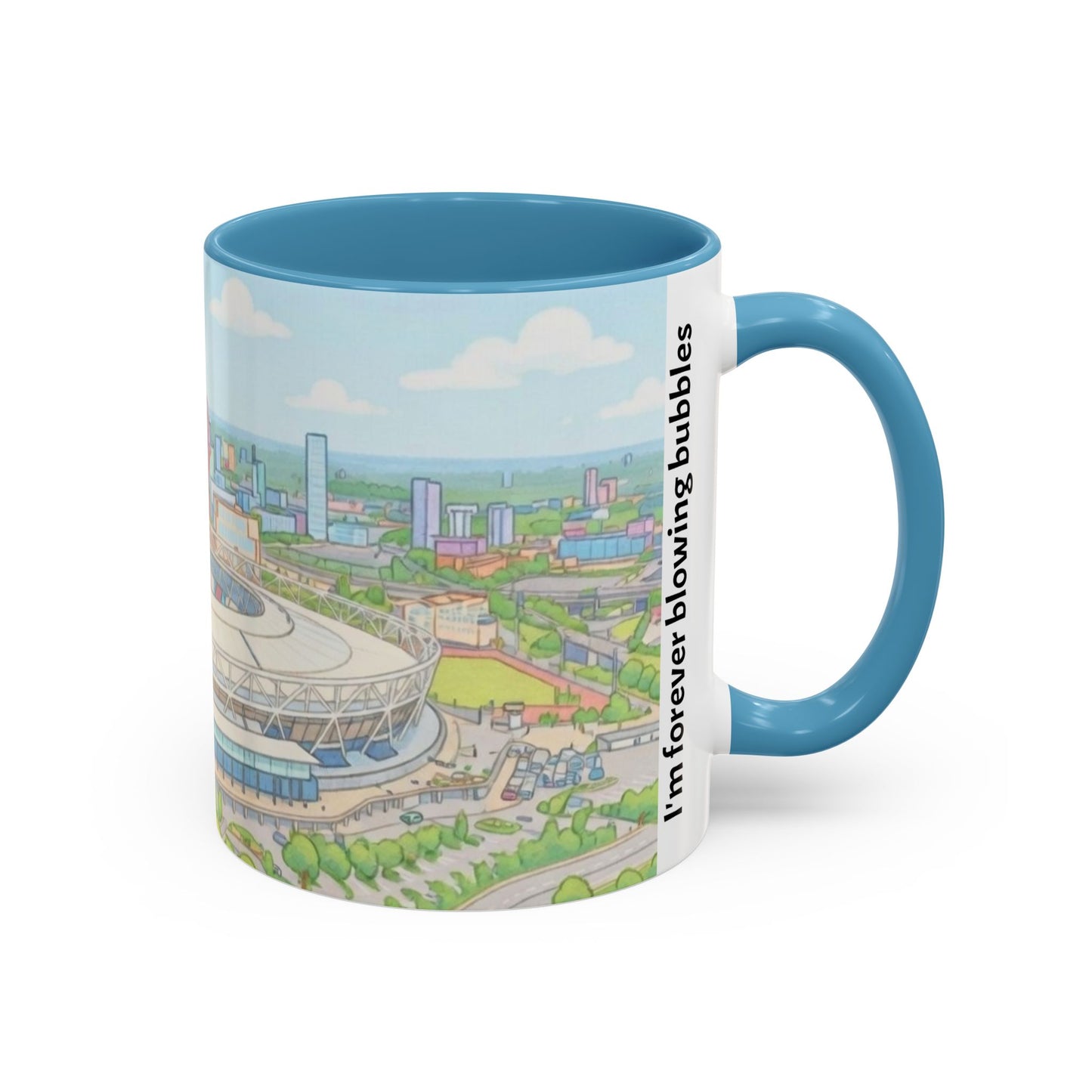 Coffee Mug — Illustrated Stadium Cityscape with "I'm forever blowing bubbles"