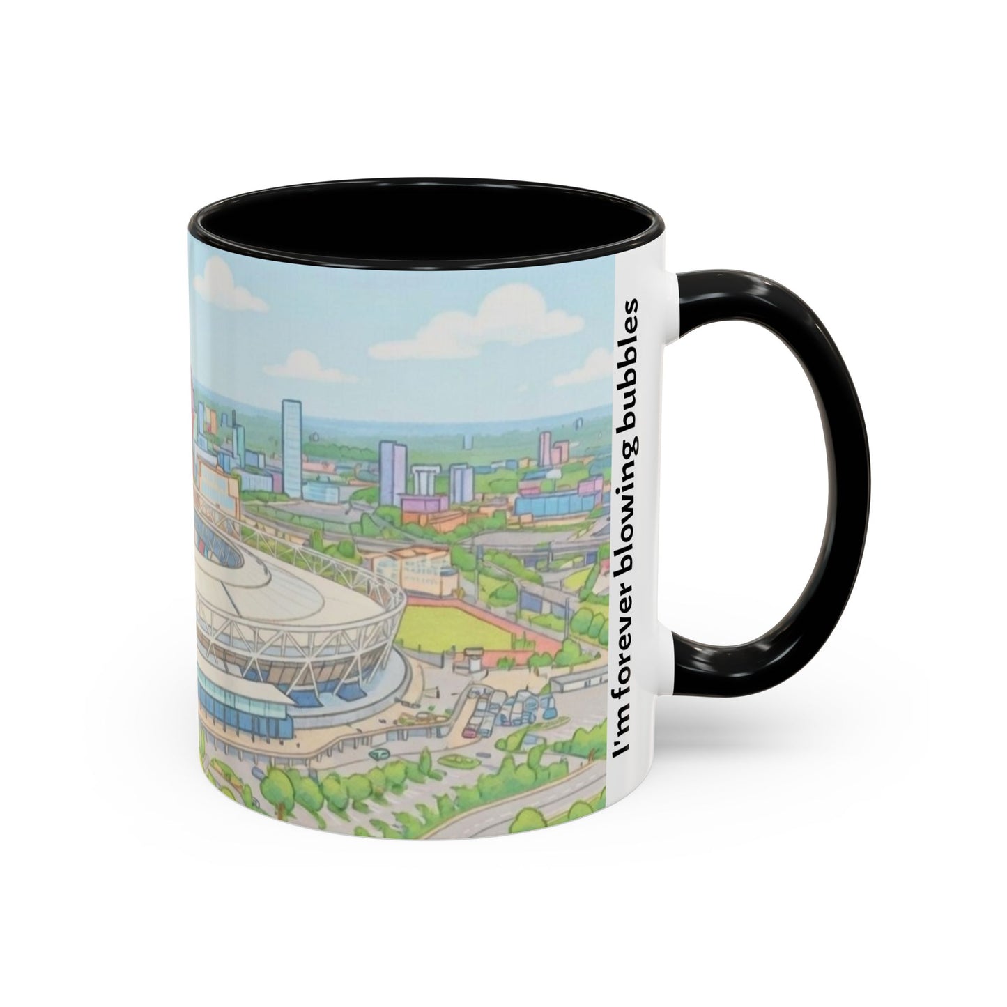 Coffee Mug — Illustrated Stadium Cityscape with "I'm forever blowing bubbles"