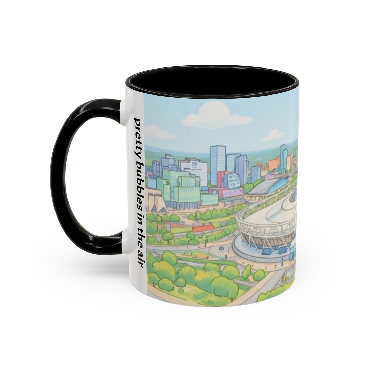 Coffee Mug — Illustrated Stadium Cityscape with "I'm forever blowing bubbles"