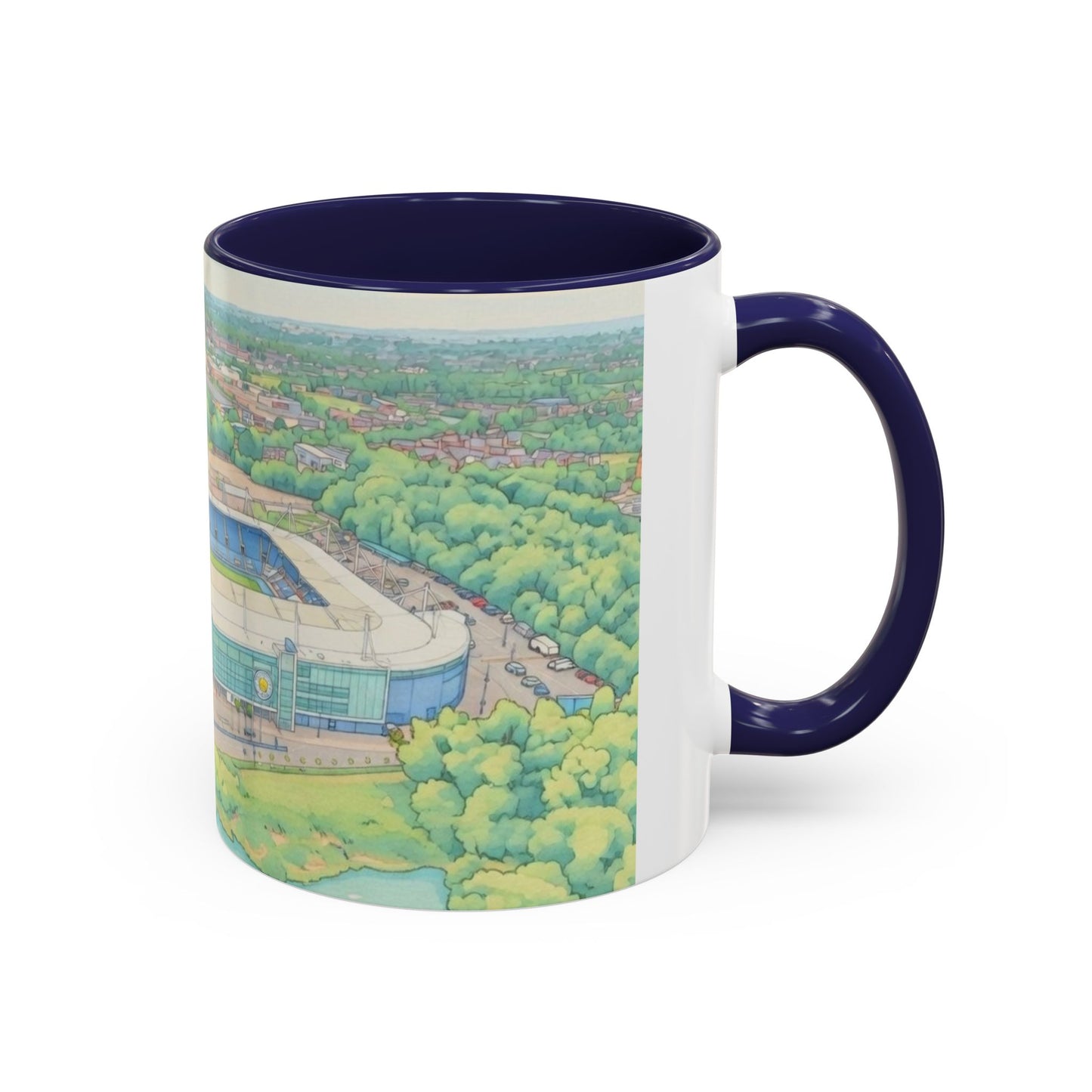 Leicester Stadium Aerial Art Coffee Mug — Illustrated Football Ground Landscape (11oz)