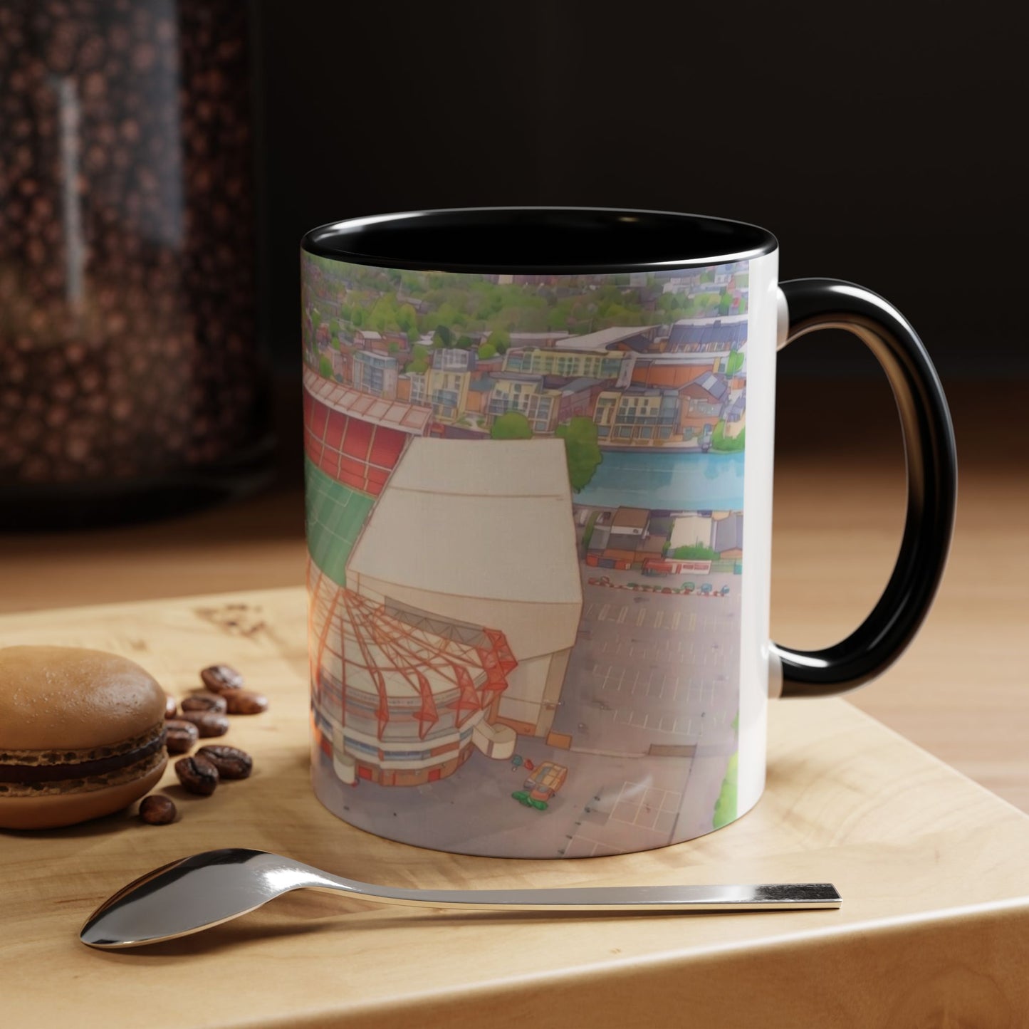 Forest Aerial Accent Coffee Mug — Illustrated Football Arena Scene (11oz)