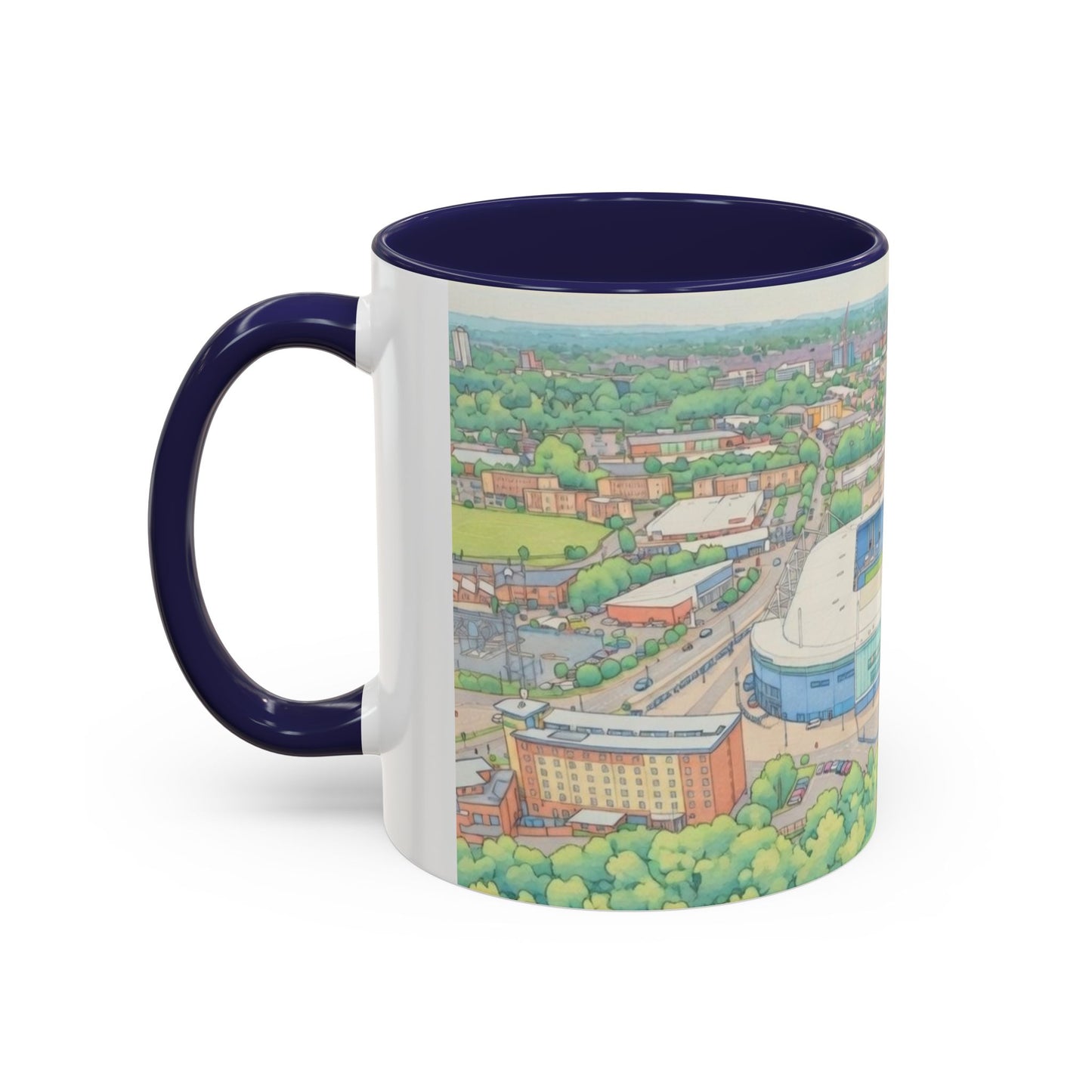 Leicester Stadium Aerial Art Coffee Mug — Illustrated Football Ground Landscape (11oz)