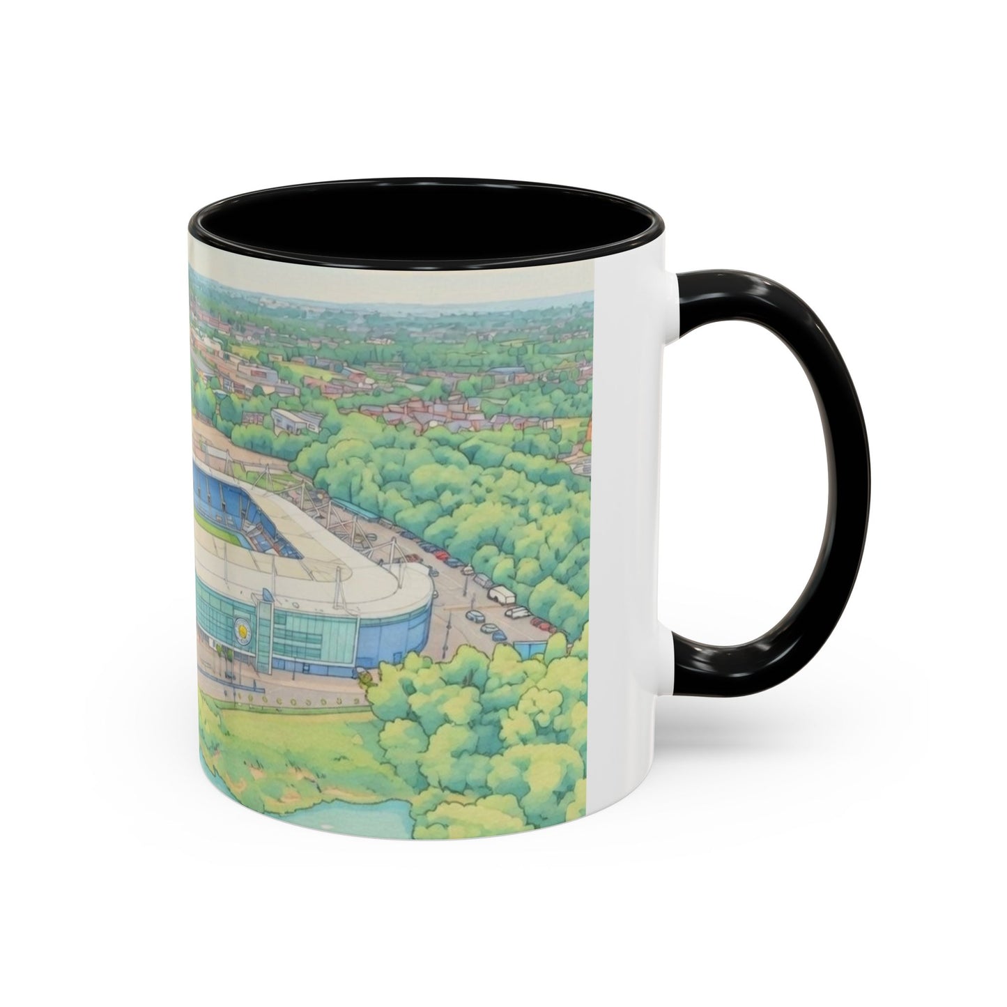 Leicester Stadium Aerial Art Coffee Mug — Illustrated Football Ground Landscape (11oz)