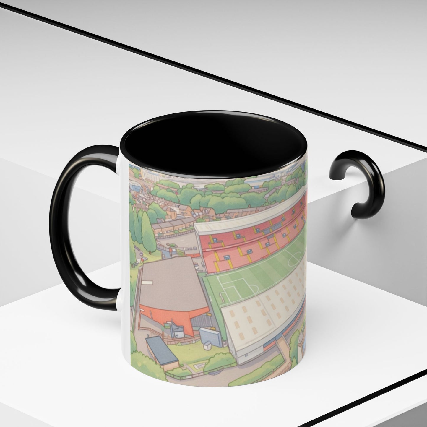 The Valley Stadium Aerial Accent Coffee Mug — Illustrated Soccer Ground Gift (11oz)