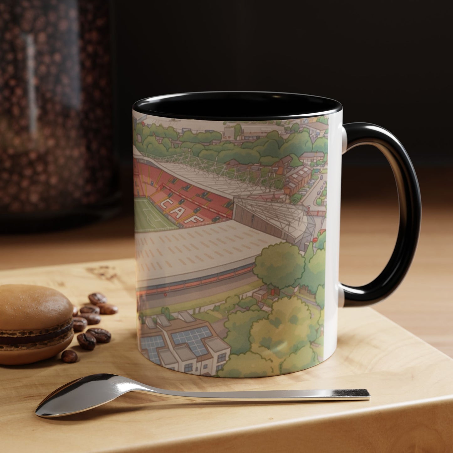 The Valley Stadium Aerial Accent Coffee Mug — Illustrated Soccer Ground Gift (11oz)