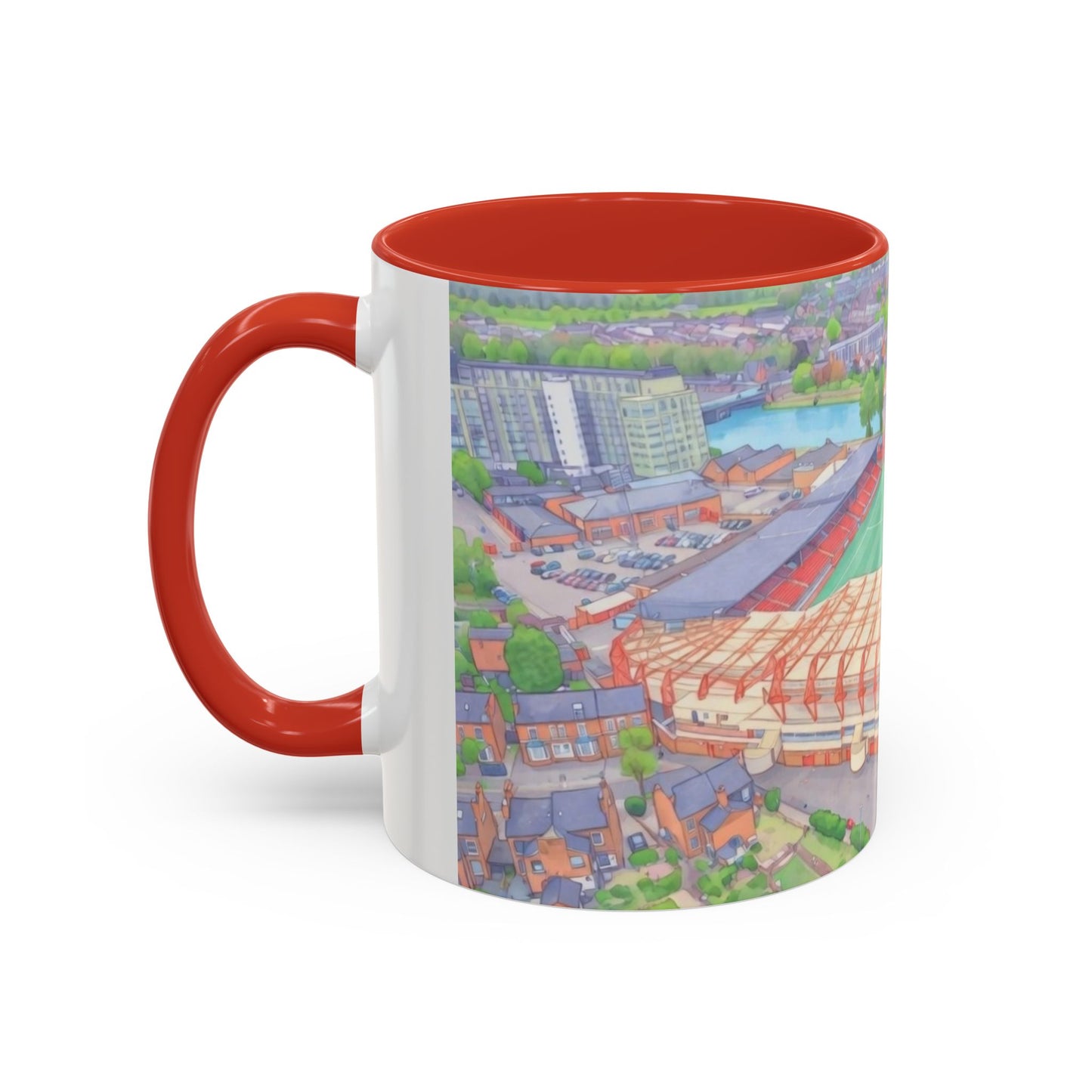 Forest Aerial Accent Coffee Mug — Illustrated Football Arena Scene (11oz)