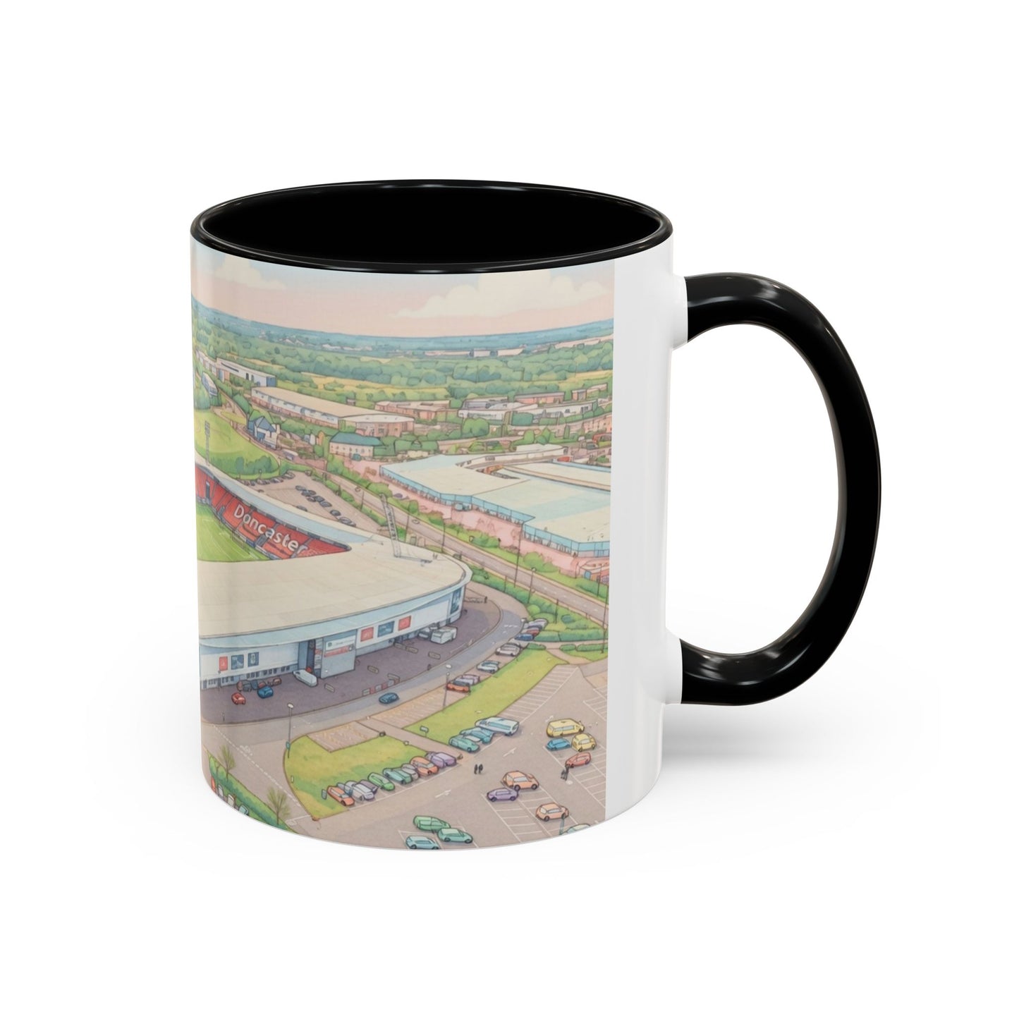 Doncaster Stadium Panorama Accent Coffee Mug – Scenic Football Ground Illustration (11oz)