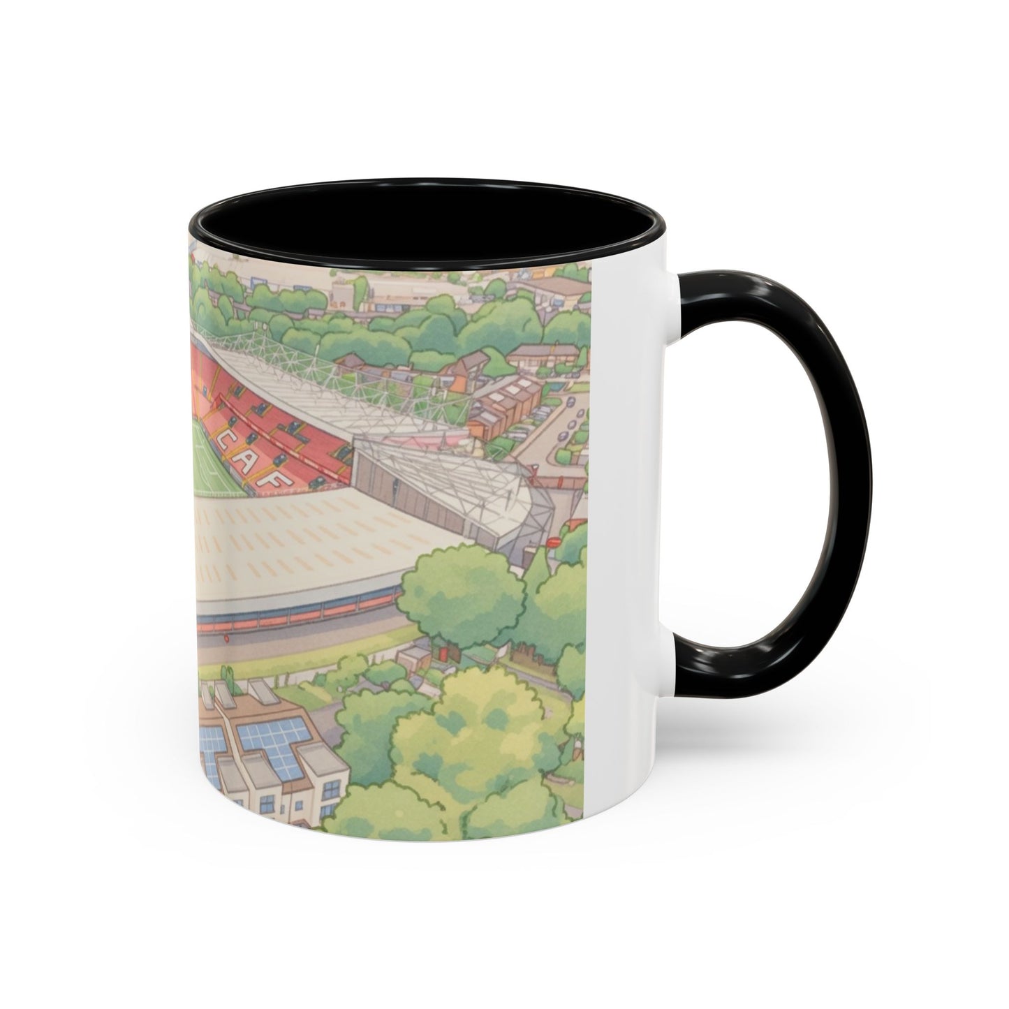 The Valley Stadium Aerial Accent Coffee Mug — Illustrated Soccer Ground Gift (11oz)